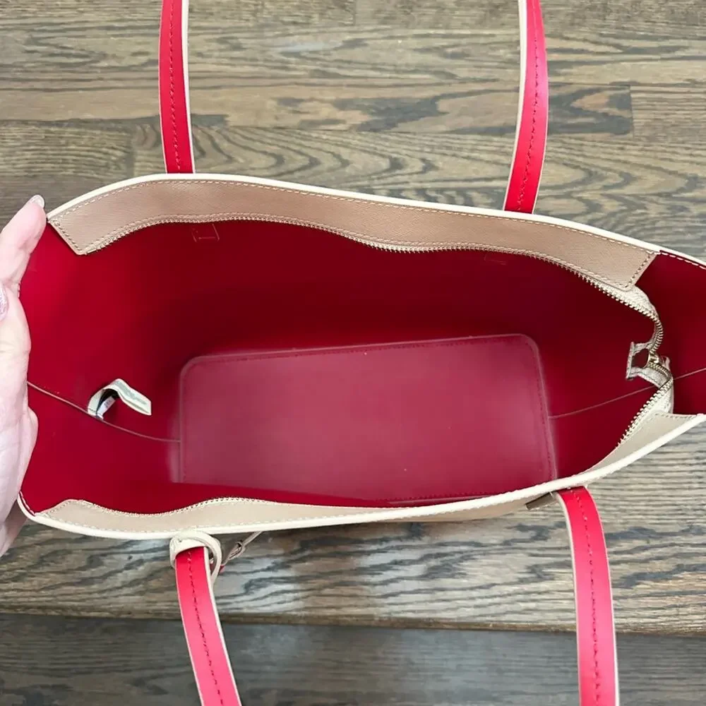 Kate Spade Lida Scotts Place Cream Taupe Leather Tote Bag Red Interior